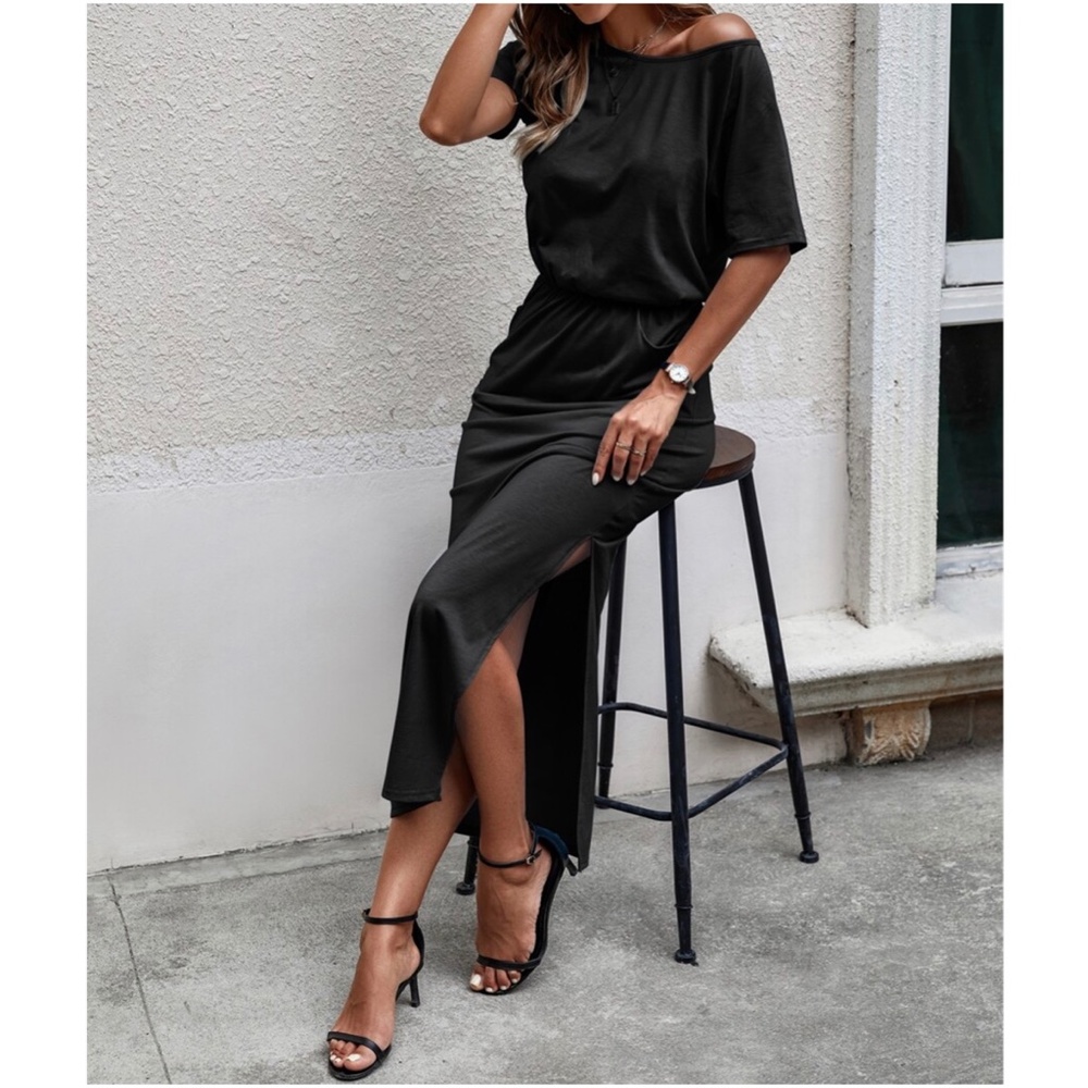 BellanBlue Black Off-Shoulder Maxi Dress with Side Slit - Picture 3 of 3